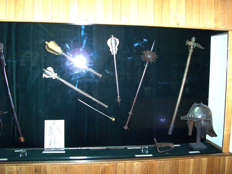 Helmet of Polish winged hussar and hussar weapons: flanged maces, buzdurgan and a horseman's pick